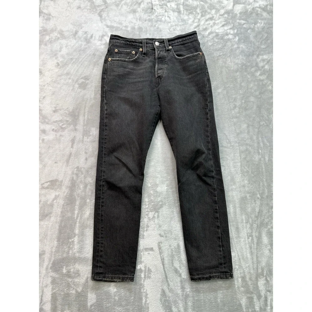 Levis 501 S Jeans Men 26x28 Black Dark Wash Straight Leg Whiskered Grunge Skinny
